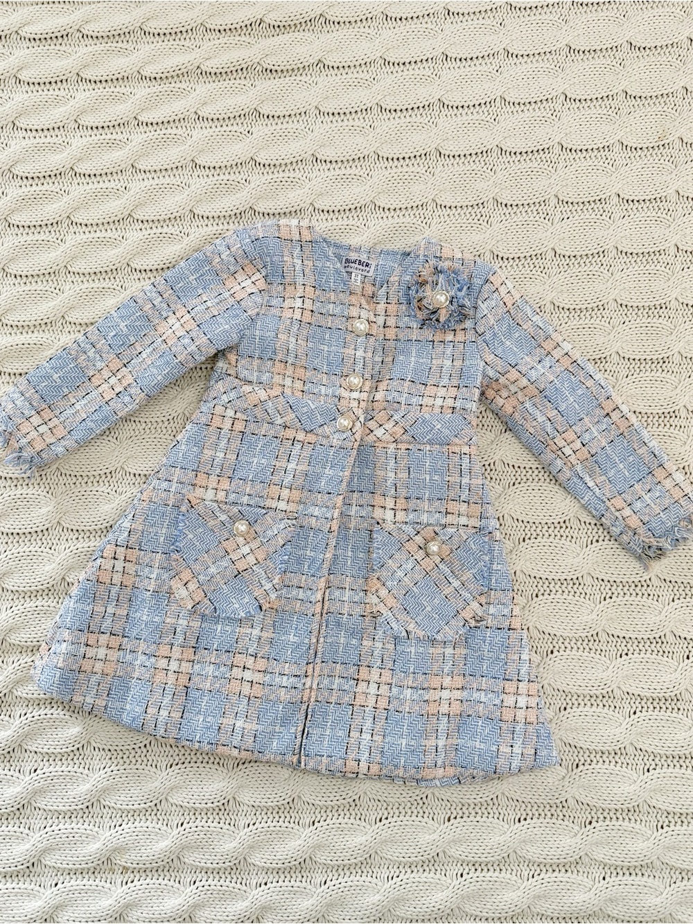 Blueberi Boulevard Blue & Beige Plaid Tweed Girls' Coat Dress